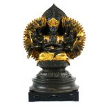 Sino-Tibetan metal alloy Buddhist sculpture, the deity with multiple hands holding various