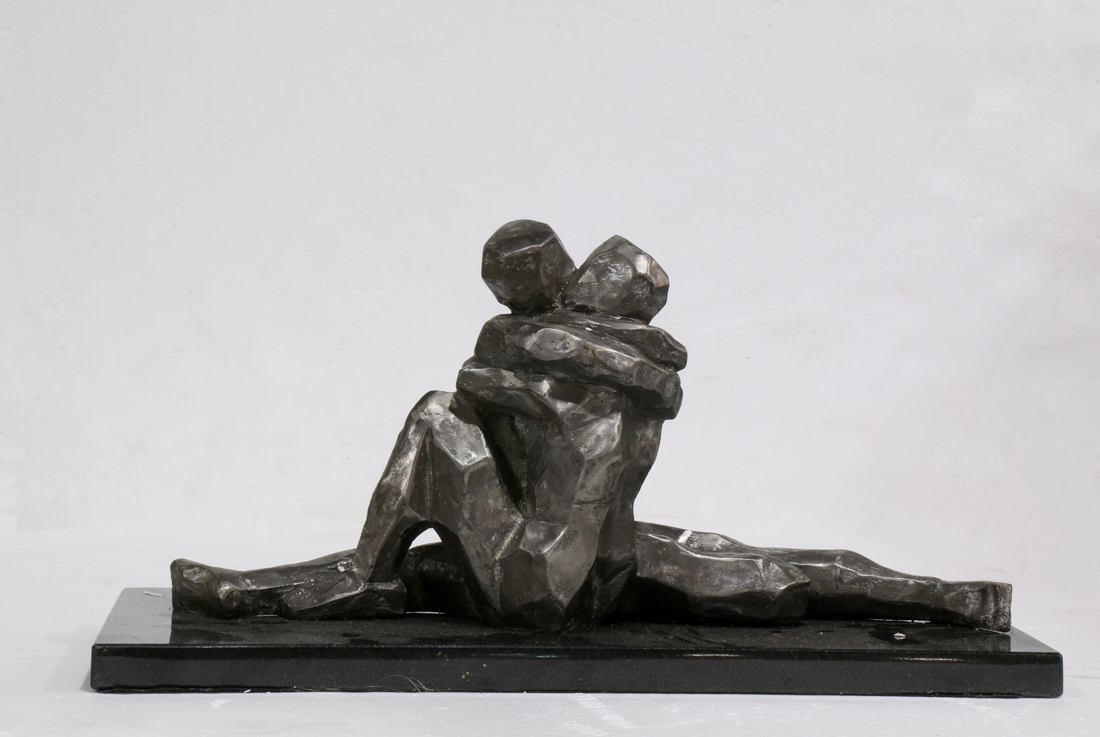 Seated Embrace, metal sculpture, unsigned, 20th century, overall (on marble base): 8.5"h x 18"w x - Image 2 of 2