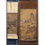 (lot of 2) Japanese scrolls, one ink on paper and the other ink and color on silk, both depicting