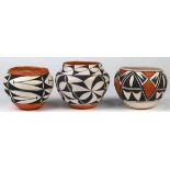 (lot of 3) Acoma ceramic vessels, consisting of (3) wide mouth bowls, each with polychrome geometric