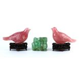 (lot of 3) Chinese stone carvings: the first a flourite sculpture of a cat with its kitten on its