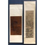 (lot of 2) Chinese scrolls, Landscapes, ink and color on silk/paper, the first, manner of Guo Xi (