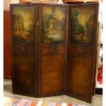 Handpainted 3 panel leather screen, having brass nail head accents and depicting exterior bucolic