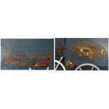 (lot of 3) Curtis Jere style wall sculpture group, consisting of one depicting a bench against a