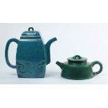 (lot of 2) Chinese robin's egg glazed zisha teapots: one with a low splayed body, marked 'Ge