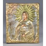 Russian icon, depicting a paint decorated figure of a Saint, 5"h x 4.5"w