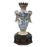 Monumental Japanese cloisonné enamel vase on stand, originally part of a three piece garniture