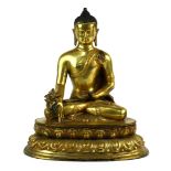 Sino-Tibetan metal alloy statue of the Buddha, seated in padmasana on a lotus pedestal, forming