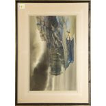 Coastal Fog with Fishing Shacks and Row Boat, watercolor, signed indistinctly "Norma Ro Brun (?)"