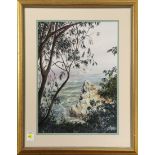 Coastal Rocks and Trees, watercolor, unsigned, 20th century, overall (With frame): 26"h x20.5"w