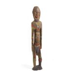 African carved wood figural standing totem, with red, blue, green and yellow pigment, 42.5"h