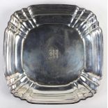 Gorham Manufacturing Co. sterling silver serving platter, having a large outswept rim, framing the