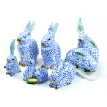 (lot of 6) Herend hand painted porcelain rabbits, each decorated in light blue in the Fish Net