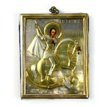 Russian .84 silver and gilt oklad traveling icon, depicting St. George the Dragon Slayer, with a