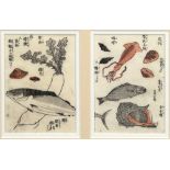 Japanese two woodblock prints in one frame, of various items, including fish, squid, daikon,