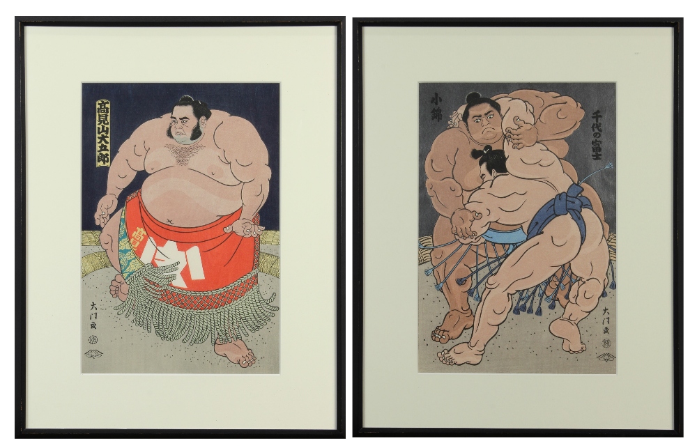 (lot of 2) Kinoshita Daimon (Japanese, b. 1946), 'Takamiyama Daigoro" and "Chiyono Fuji", sumo