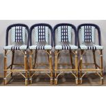 (lot of 4) French bistro rattan stools, each having a shaped seat and back executed in cobalt, sky
