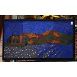 Mid-century mosaic, depicting a stylized figure of a female nude in repose, executed in orange,