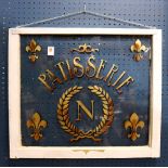 Vintage framed glass sign, decorated with gilt fleur de lis, and reading: "Patisserie" over "N"