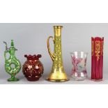 (lot of 5) Moser style glass group, each having enameled decoration, comprising (2) cranberry