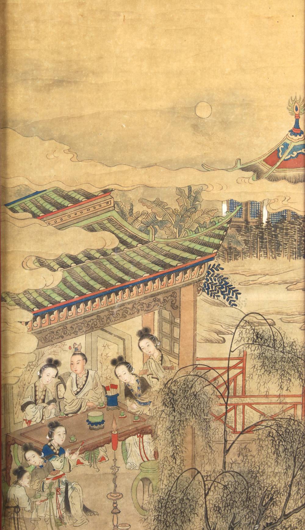 Framed Chinese painting, Beauties in a Pavilion, ink and color on paer, featuring a scene with a - Image 2 of 3