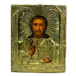Russian brass oklad icon on wooden panel, depicting a polychrome hand painted Christ Pantocrator,