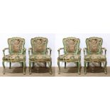 (Lot of 4) French partial gilt and polychrome decorated fauteuils c. 1860, each having a shell
