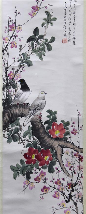 (lot of 4) Manner of Yan Bolong (Chinese,1896-1955), Birds-and-Flowers, ink and color on paper, - Image 3 of 10