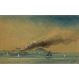 California Folk Art School (19th century), "Conflagration of Alcatraz, April 19, 1874," watercolor