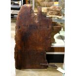 Antique Continental burlwood shop sign with wrough iron mount, 23"h x 33"w.