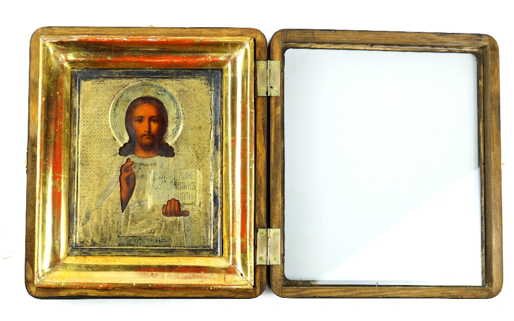 Russian icon, having a silver oklad and depicting Christ Pantocrator, 10"h x 8"w