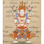 Framed Thai painting leaf, of Brahma in stance, holding a pair of swords and two lotus sprigs,