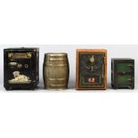 (lot of 4) Cast iron still banks, comprising (3) in the form of safes, one with a wooden case, one