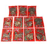 (lot of 11) Chinese textile fragments, gilt couched with tiger or goldfish on a red ground, largest: