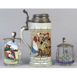 (lot 3) German stein group, consisting of (2) glass example in the Moser style with polychrome