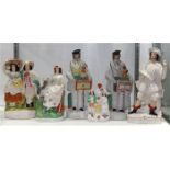 (lot of 6) Staffordshire style pottery figural collection, consisting of a flat back slip vase,