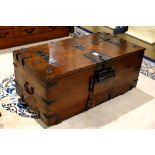 Korean storage chest with iron fittings, large lock and a key, on two strech bar supports, 17" h x