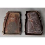 Chinese inkstone and box of bamboo form, the inkstone of two compartments accented by bamboo