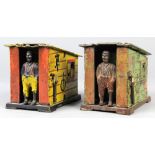 (lot of 2) Cast iron mechanical "Cabin" coin banks, by J & E Stevens designed by Edward L. Morris,