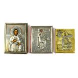 (lot of 3) Russian .84 silver and gilt oklad traveling icon group, consisting of an example