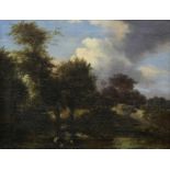 British School (19th century), Landscape with Ducks in a Pond and Figure, oil on canvas, unsigned,