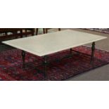Hollywood Regency style occasional table, having a rectangular marble top, above a brass frame, 15"h
