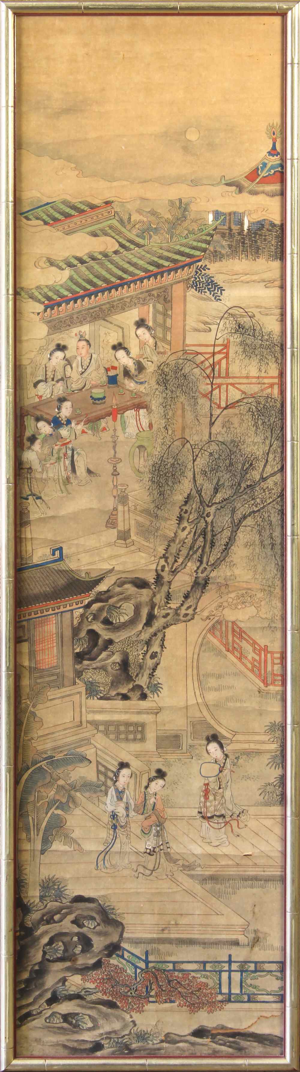 Framed Chinese painting, Beauties in a Pavilion, ink and color on paer, featuring a scene with a