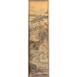 Framed Chinese painting, Beauties in a Pavilion, ink and color on paer, featuring a scene with a