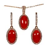 Coral, diamond and 14k rose gold jewelry suite Including 1) pair of earrings, featuring (2) oval