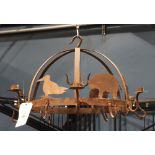 Provincial cast iron kitchen pot rack, with metal cut outs of farm animals, 18"h x 29"w.