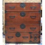 Japanese two-part tansu chest, reddish brown lacquered: upper section with two drawers, lower