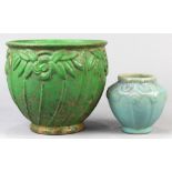 (lot of 2) Van Briggle ceramic pottery group, consisting of a wide-mouth green glazed planter, 6.5"