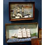 (lot of 2) Ship diaromas, each in a framed shadow box, depicting a half hull at sea, largest: 20"h x