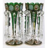 (lot of 2) Bohemian style glass lustres, each having a shaped rim, above a polychrome decorated body